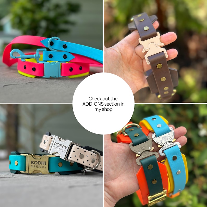 May include: A collage of dog collars in various colors, including neon pink, yellow, teal, and orange. Some collars have personalized nameplates. The text "Check out the ADD-ONS section in my shop" is also visible.