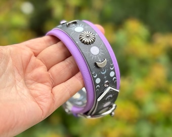 Collar para perro con fase lunar plateada, Biothane impermeable personalizado.