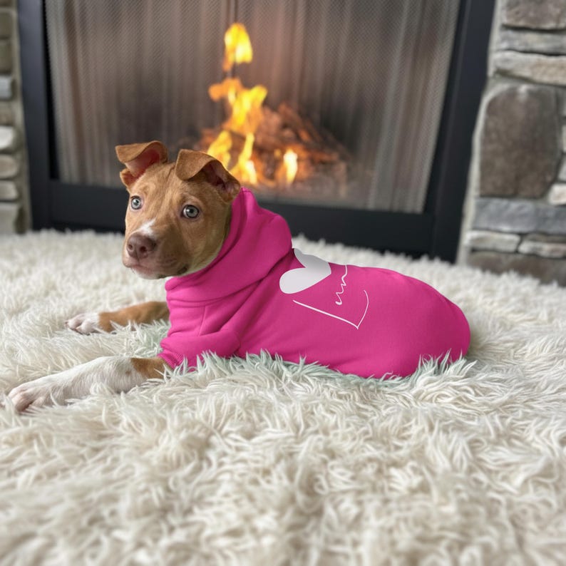 May include: A tan and white puppy wearing a bright pink hooded sweatshirt. The hoodie features a large white heart graphic on the side. The puppy has folded ears and is lying down, showing its front paws extended forward on a textured surface.