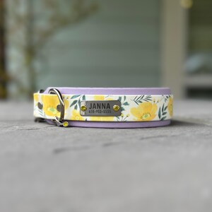 May include: A lavender pet collar featuring a white overlay with a yellow floral and green leaf pattern. The collar includes a silver metal ID tag engraved with the name JANNA and the phone number 418-953-5555, accented by two small yellow crystals.