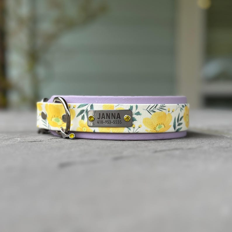 May include: A lavender pet collar featuring a white overlay with a yellow floral and green leaf pattern. The collar includes a silver metal ID tag engraved with the name JANNA and the phone number 418-953-5555, accented by two small yellow crystals.