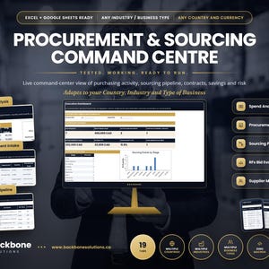 May include: A digital procurement and sourcing command centre dashboard template for Excel and Google Sheets. The interface displays spend analysis, procurement intake, and sourcing pipeline data with charts, tables, and metrics for business management.