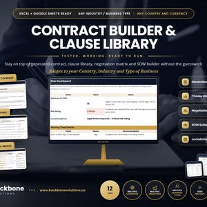 May include: A digital contract builder and clause library dashboard displayed on a computer monitor. The interface features a risk dashboard with metrics, a risk score of 71, and a critical risk rating. Includes tabs for generated contracts.