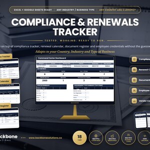 May include: A digital compliance and renewals tracker dashboard displayed on a computer monitor, featuring a command center with key metrics, status summaries, and requirement type summaries, alongside icons for tracking, calendars, and registers.