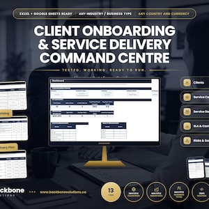 May include: A digital client onboarding and service delivery command centre dashboard template. The interface displays business profile data, KPI snapshots, status breakdowns, and health metrics. Includes tabs for clients, service catalog, and plans.