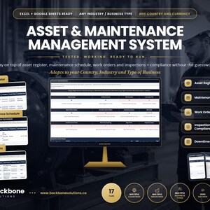 May include: An asset and maintenance management system dashboard displayed on a computer monitor, featuring spreadsheets for asset registers, maintenance schedules, and work orders, with text overlays detailing business solutions and software features.