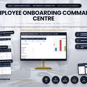 Könnte beinhalten: Eine digitale Employee Onboarding Command Centre Vorlage für Excel und Google Sheets. Die Benutzeroberfläche zeigt Tabellen für Compliance, Ausrüstung und Schulungspläne sowie ein Dashboard mit Fortschrittsdiagrammen und Daten.