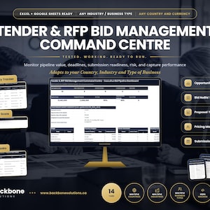 May include: A digital Tender & RFP Bid Management Command Centre dashboard for Excel and Google Sheets. The interface displays an executive bid pipeline, opportunity tracker, bid no-bid score, and submission calendar with gold accents.