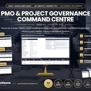 May include: A digital PMO and Project Governance Command Centre dashboard displayed on a computer monitor, featuring tabs for Project Register, Charter Builder, Governance Board, Stakeholder Map, and Requirements Traceability for Excel and Google Sheets.