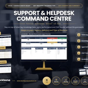 Könnte beinhalten: Eine digitale Support- und Helpdesk-Dashboard-Vorlage für Excel und Google Sheets. Die Benutzeroberfläche zeigt wichtige Kennzahlen, Ticketprotokolle, eine Wissensdatenbank, Agentenleistung und CSAT-Tracker-Daten mit goldenen Akzenten.