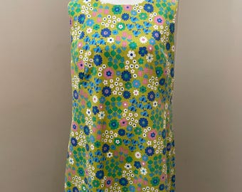 Vintage 1960s 70s Shift Dress Sleeveless Floral Flower Power Green Blue Size M
