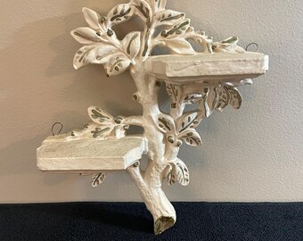 Vintage 1950s Ceramic Wall Sconce Tree Branch Leaves Cream Gold Mid Century Decor