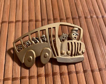 School Bus Brooch Pin Gold Tone Teacher Bus Driver Gift Vintage Style