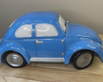 VW Oval Window Beetle Bug Porcelain Cookie Jar Blue Ceramic Candy Dish w Lid