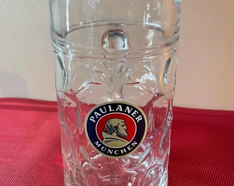 Paulaner München 1-Liter Dimpled Glass Beer Stein Mug – German Brewery – 8"