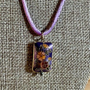 Vintage Cloisonne Pendant Lavender Floral 28 inch Silk Cord Necklace