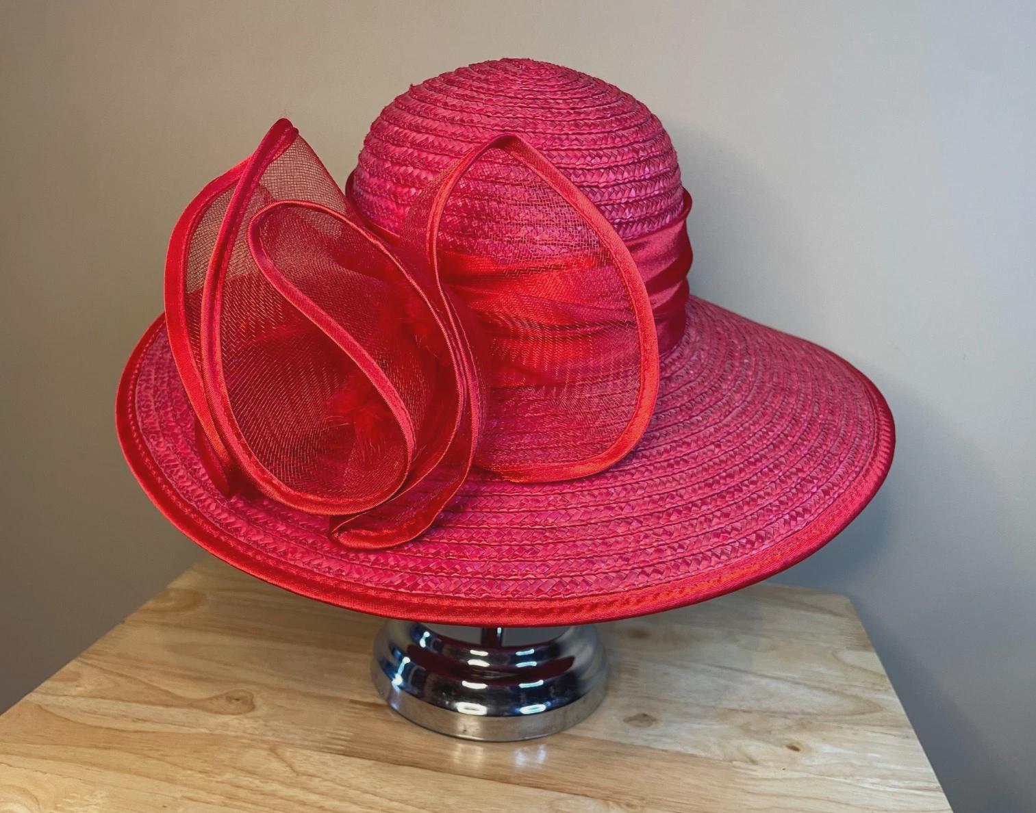 Red Straw Satin Summer Church Hat Lg Red Satin Tied Back Bow Wide Brim Bell M22019 ( Red hat ) Kentucky Derby hat Church hat Wedding hat  main image 3