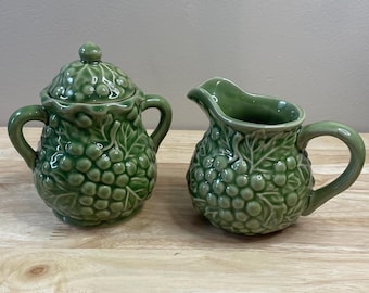 Vintage Avocado Green Ceramic Sugar Bowl & Creamer Grape Vine China Set