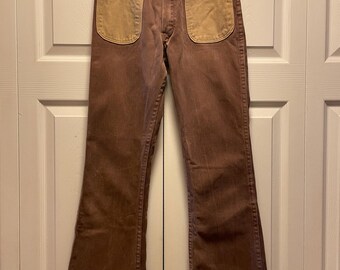 Vintage 70s Ely Jeans Fringed Bootcut Brown with Beige Patch Pockets Women's XS