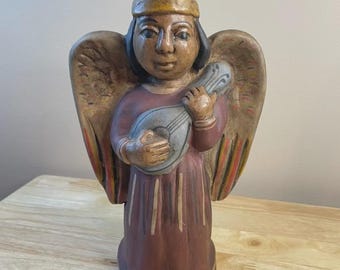 Hand Painted Peruvian Folk Art Angel Mandolin Clay Pottery Figure 10”
