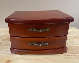 Vintage Wooden Wind-Up Musical Jewelry Box with Drawer & Mirror