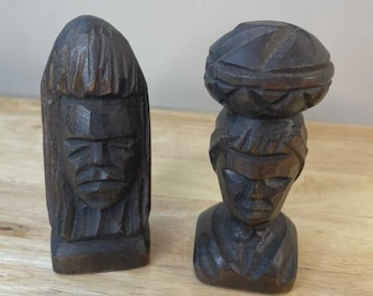 Vintage Jamaican Hand Carved Wood Folk Art Man & Woman Figures Pair MCM