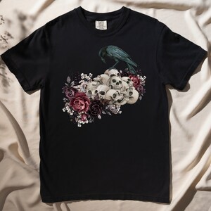 The Raven Atop Skulls | Spooky Scary Creepy Floral Halloween T Shirt