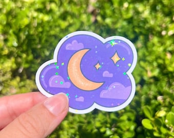 Pegatina de Luna y Estrellas / Pegatina de Nube / Disponible en acabado brillante o laminado holográfico