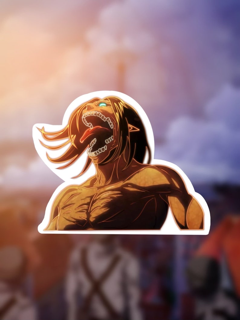 K&ouml;nnte beinhalten: Ein Aufkleber mit einer detaillierten Illustration einer humanoiden Figur mit einem gro&szlig;en, offenen Mund, der scharfe Z&auml;hne und eine lange, rote Zunge enth&uuml;llt. Die Figur hat einen muskul&ouml;sen K&ouml;rperbau und ist in einer dynamischen Pose dargestellt, mit dem Kopf nach hinten geneigt und den Armen ausgestreckt. Die Figur ist in einer warmen, goldenen Farbe dargestellt, mit Highlights in Blau und Wei&szlig;.