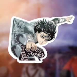 Puede incluir: Una ilustraci&oacute;n en blanco y negro de un personaje del anime Ataque a los Titanes, con una expresi&oacute;n decidida, sosteniendo un arma y usando un equipo de maniobra tridimensional.