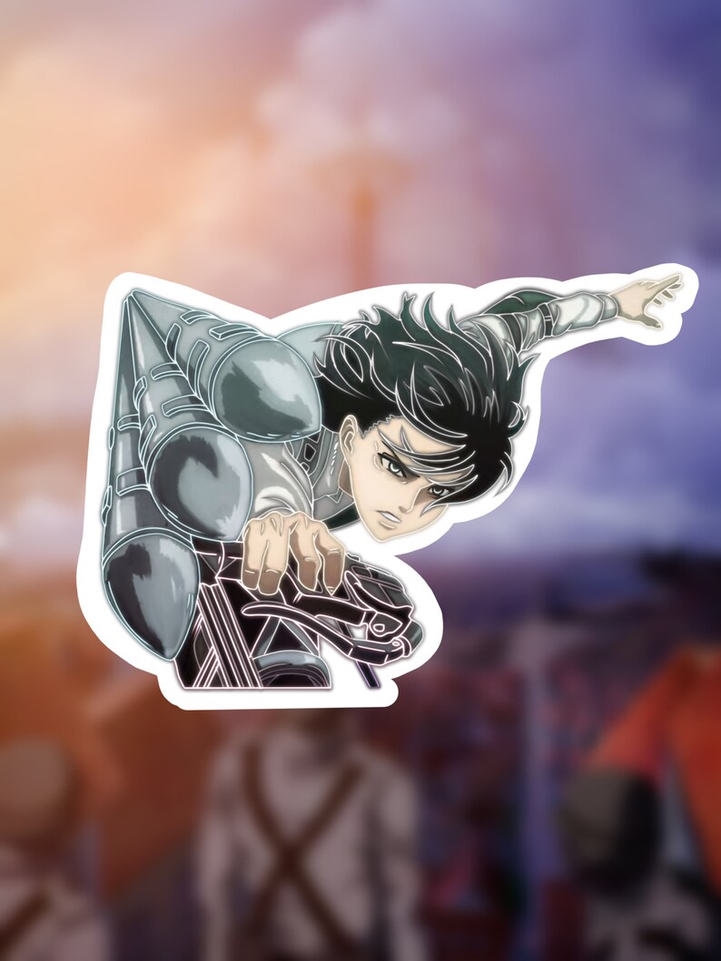 Puede incluir: Una ilustraci&oacute;n en blanco y negro de un personaje del anime Ataque a los Titanes, con una expresi&oacute;n decidida, sosteniendo un arma y usando un equipo de maniobra tridimensional.