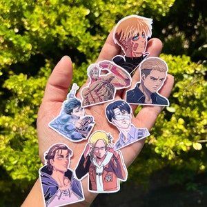 May include: A set of eight anime character stickers featuring characters from the popular anime series Attack on Titan. The stickers are printed on high-quality vinyl and are waterproof and durable.