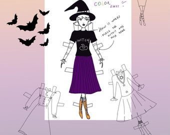The Fashion Witch Paper Doll for all ages Halloween activity Downloadable Printable