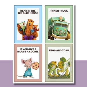 May include: A collage of four book covers featuring children's literature. The top left cover is blue and features a brown bear with a green frog and other characters. The top right cover is green and features a green trash truck. The bottom left cover is brown and features a mouse holding a cookie. The bottom right cover is green and features two frogs.