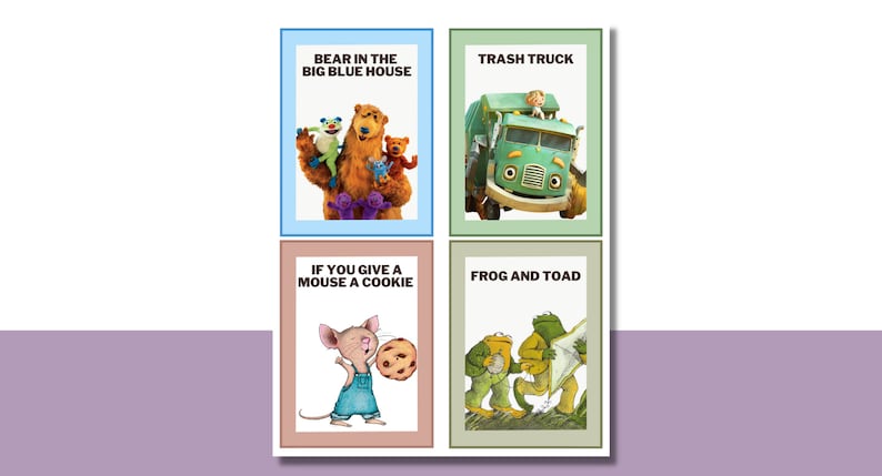 May include: A collage of four book covers featuring children's literature. The top left cover is blue and features a brown bear with a green frog and other characters. The top right cover is green and features a green trash truck. The bottom left cover is brown and features a mouse holding a cookie. The bottom right cover is green and features two frogs.