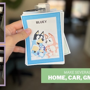 May include: A set of colorful flash cards featuring characters from the children's show Bluey. The cards include images of Bluey, Bingo, Bandit, and Chilli. The cards are labeled with the names of the characters and the names of various objects, such as "Puffin Rock" and "Trash Truck".