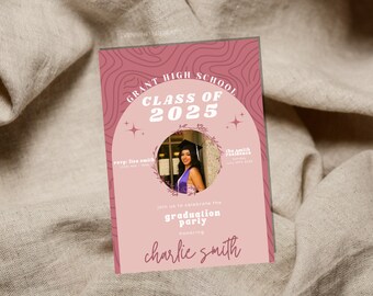 Editable 2025 Graduation Invitation, Groovy Retro Graduation Announcement, Senior Year Grad Party Invite, College, High School Grad, Canva