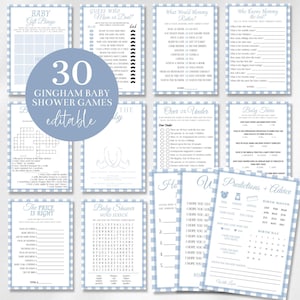 May include: A collection of printable baby shower game cards featuring a light blue and white gingham border. The set includes various activity sheets such as Baby Gift Bingo, Guess Who, What Would Mommy Rather, and Predictions and Advice.