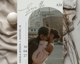 Modello di invito "Save the Date" minimalista in bianco e nero, invito "Save the Date" moderno con foto, annuncio di matrimonio, modello di invito "Save the Date" stampabile.