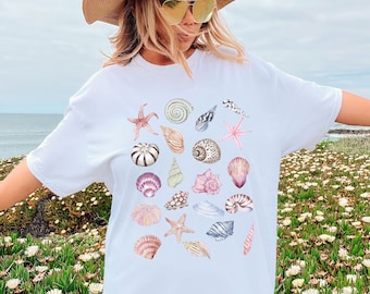 Seashells Graphic T-Shirt, Beach Cover Up, Seaside Style
