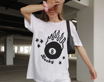 Vintage Lucky 8 Ball Graphic Tee, Retro Y2K Clothing