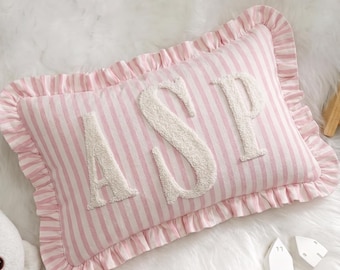 Monogram Custom Embroidered Pillow: Personalized College Gift Dorm Decor, Striped Ruffled Cushion