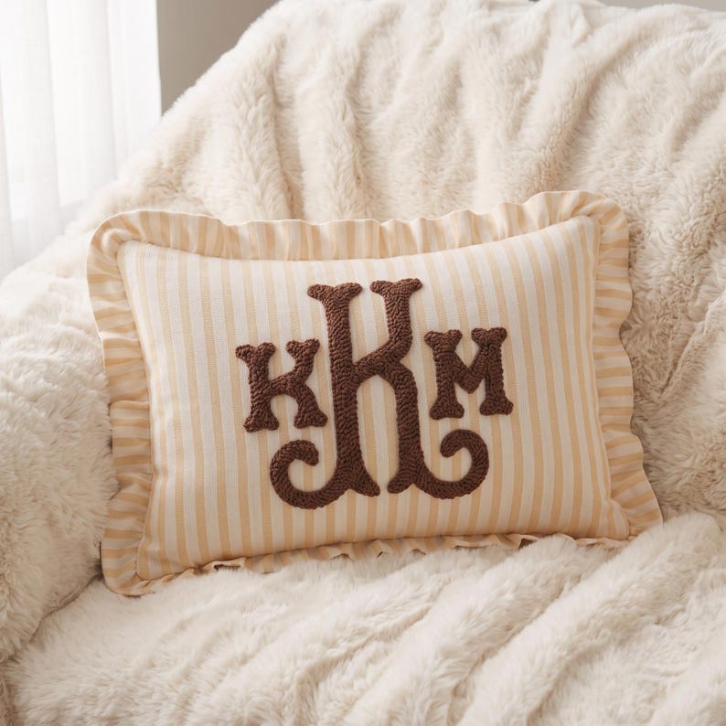 Monogram Custom Embroidered Pillow: Personalized College Gift Dorm Decor, Striped Ruffled Cushion image 8