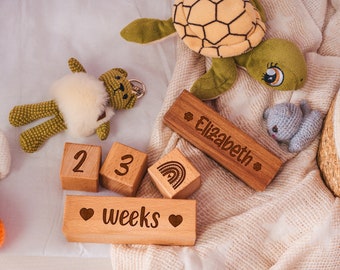 Benutzerdefinierte monatliche Meilenstein-Würfel aus Holz, personalisierte Baby-Dusche-Geschenk, Name-Baby-Alter-Blöcke, Neugeborenen-Foto-Ideen, Woche-Monat-Jahr-Blöcke