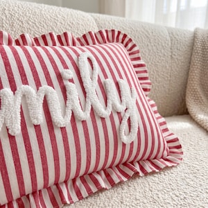 Custom Name Embroidered Pillow for Baby, Striped Ruffle Nursery Decor Cushion image 6