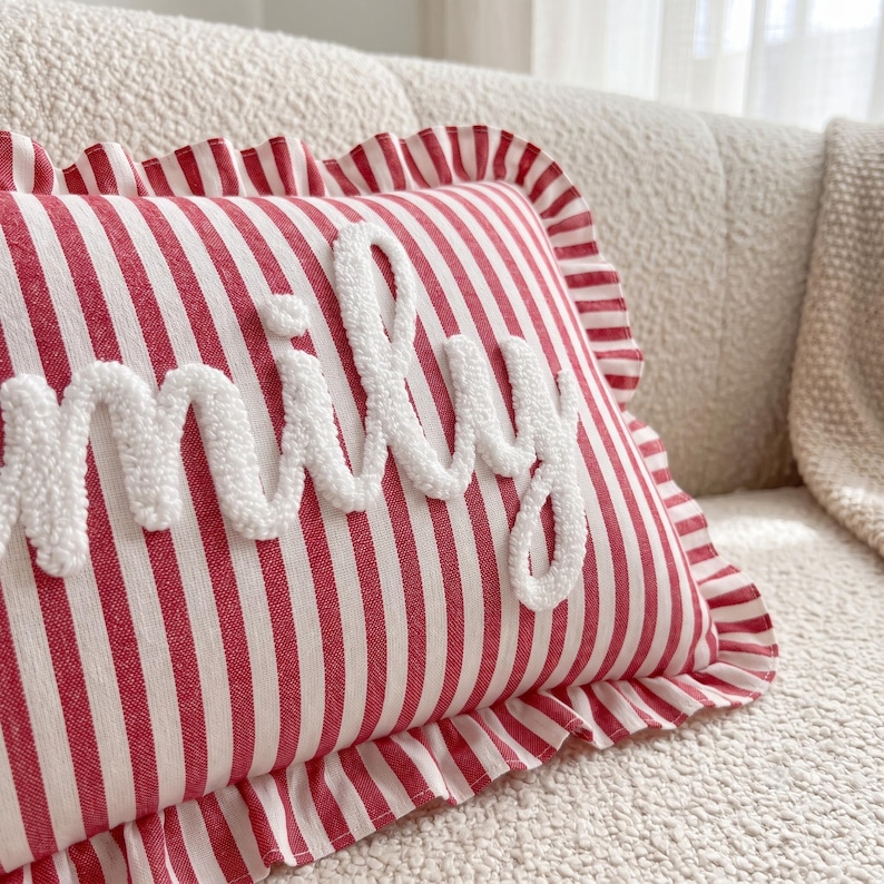 Custom Name Embroidered Pillow for Baby, Striped Ruffle Nursery Decor Cushion image 6