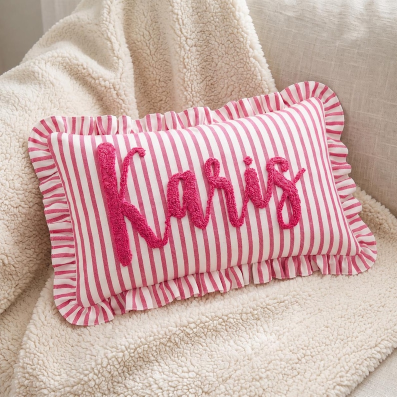 Custom Name Embroidered Pillow for Baby, Striped Ruffle Nursery Decor Cushion image 4