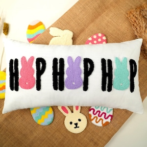 Easter Bunny Embroidery Pillow, Personalize Easter Decorations, Punch Needle Handmade Spring Pillow, Spring Decor Hop Hop Rabbit Pillow Gift