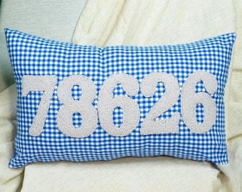 Personalized Zip Code Punch Needle Pillow: Embroidered Cotton, Housewarming Gift