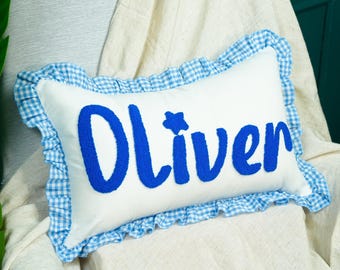 Blau Vichy-Karo Baby-Kissen für das Kinderzimmer: Punch Needle Stickerei für ein Geschenk zur Geburt